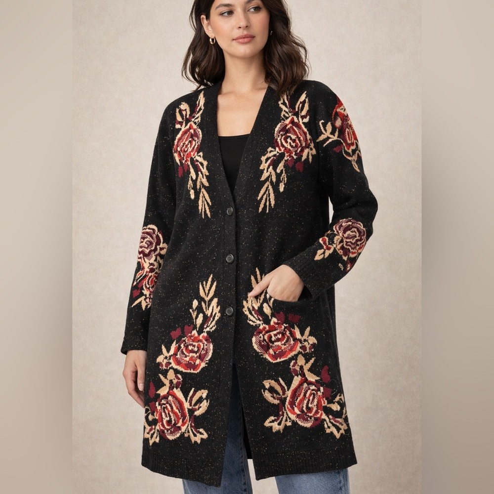 0219. Floral Knit Cardigan with Rose Design - Picture 1 of 1